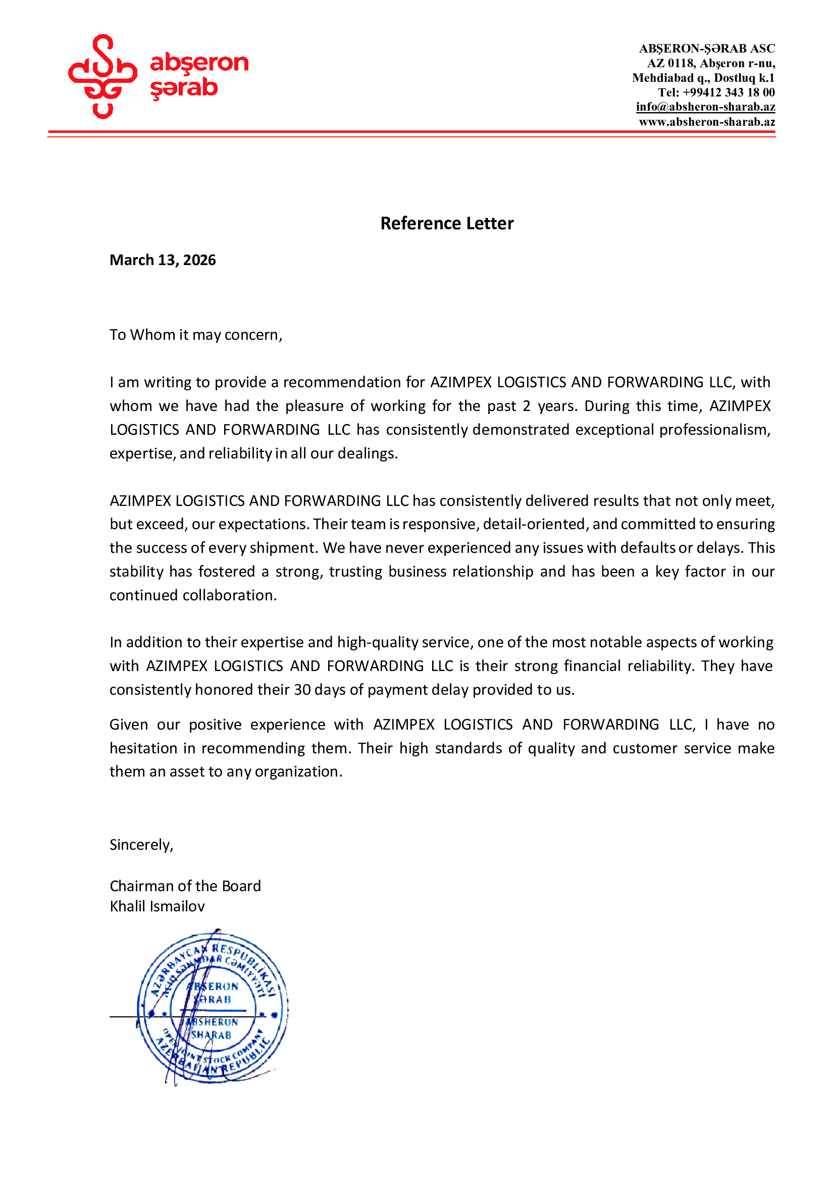 Absheron Sherab reference letter