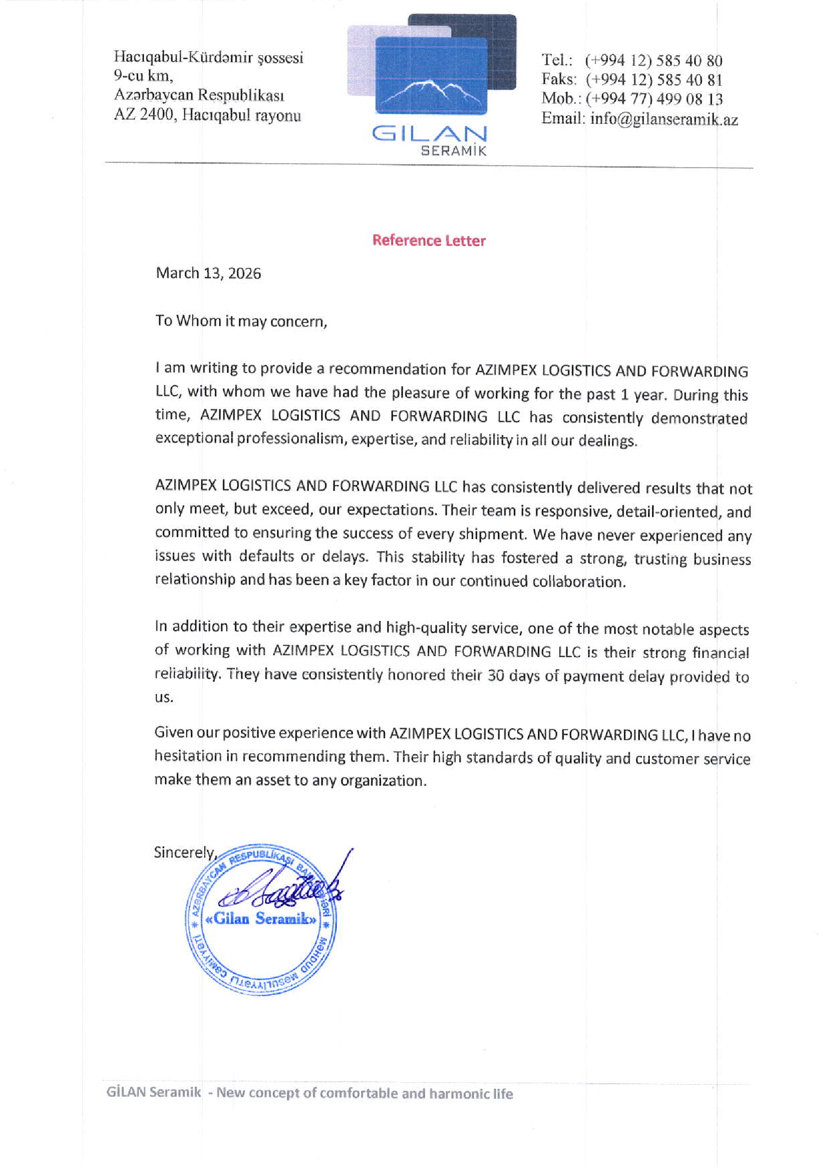 Gilan Seramik reference letter