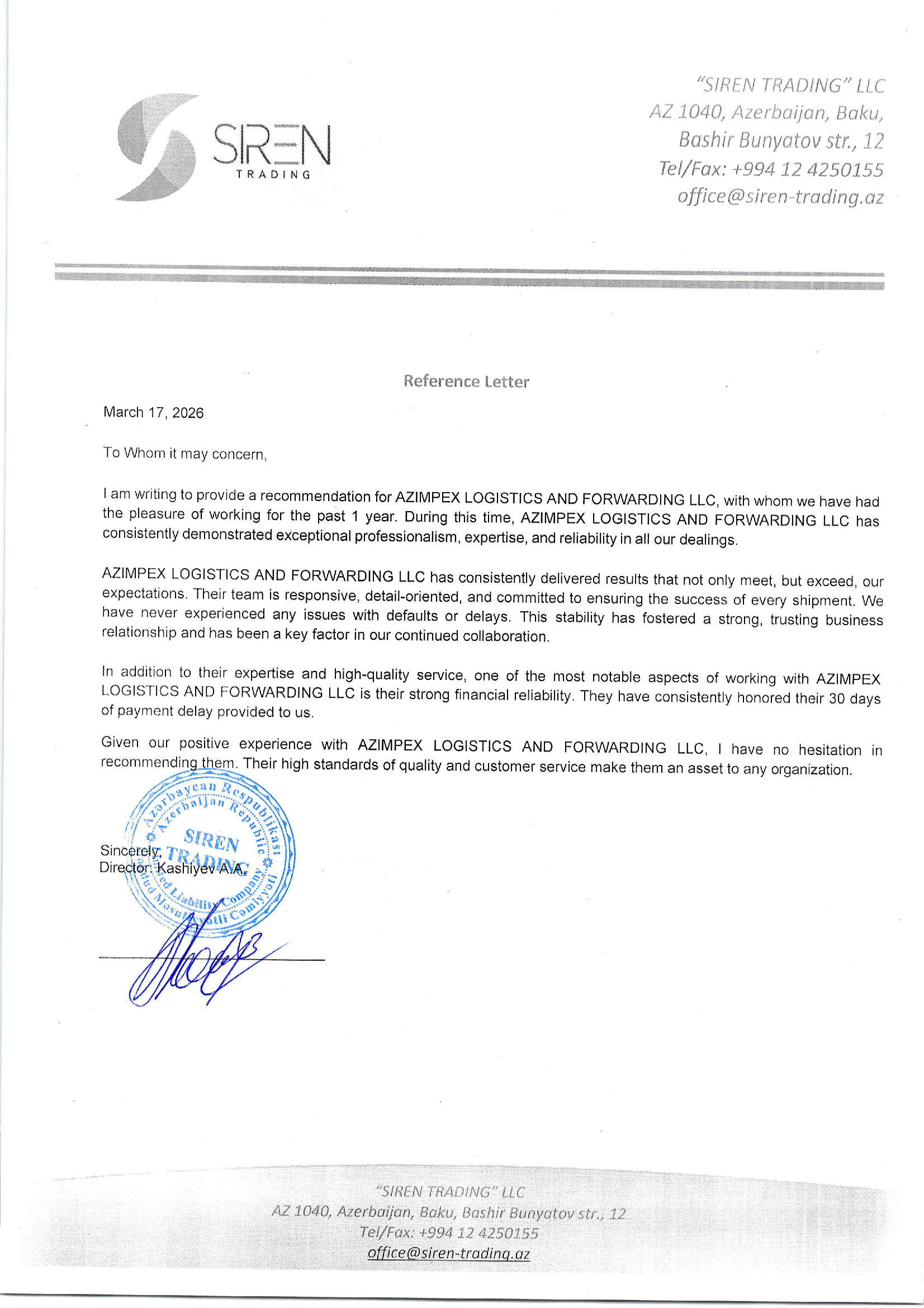 Siren Trading reference letter